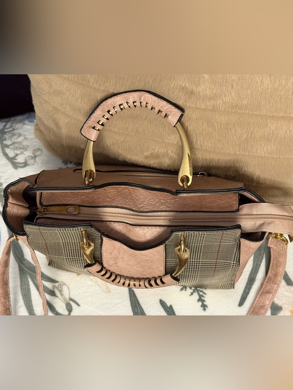 Blush Pink Plaid Accent with unique handles Women’s Shoulder Bag - Picture 4 of 6